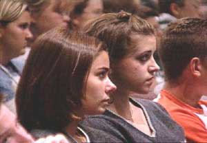Students watch Patrick Reynolds speaking in the new anti-tobacco educational video. 